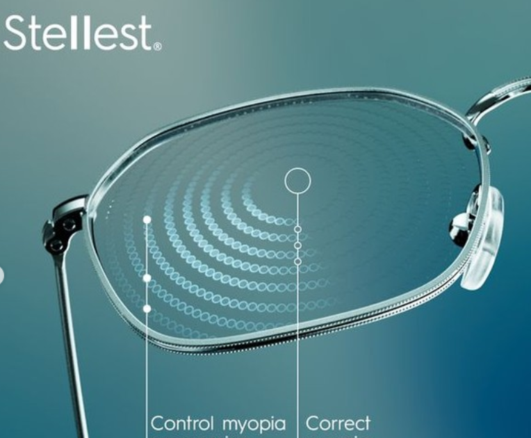 image of wire frame glasses with a stellest charicature lens in the frame and the stellest logo